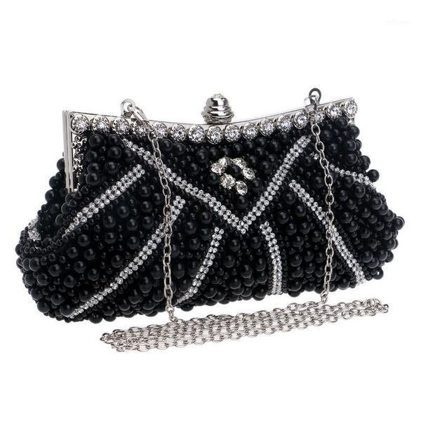 

women's fashion diamonds beaded clutch chain shoulder purse bag pearl imitation crystal small evening party wedding handbags1