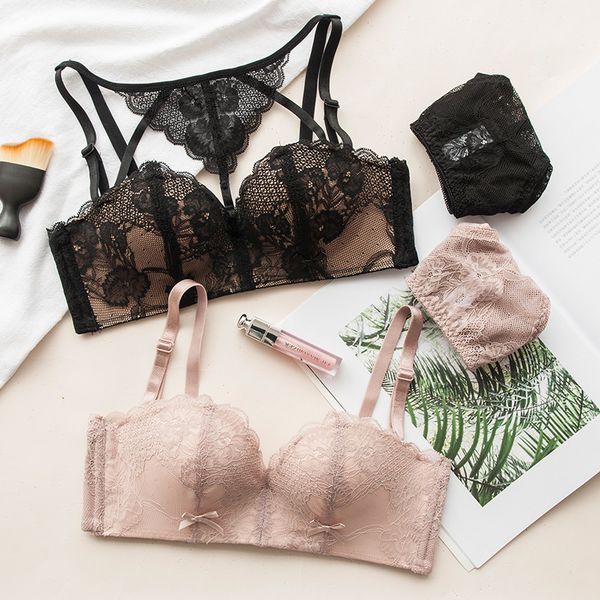 

roseheart new women fashion black skin lingerie sets wireless lace straps cotton panties padded push up bra sets y200708, Red;black