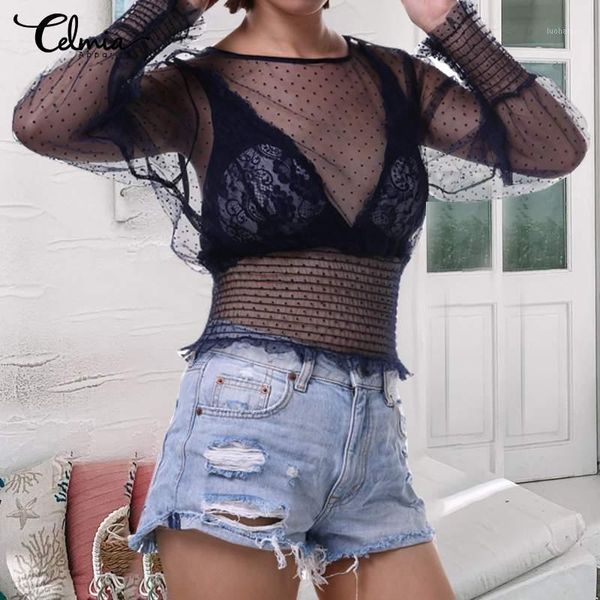 

see-through sheer mesh fashion women's blouse celmia female long sleeve tunic summer casual party blusas plus size 71, White