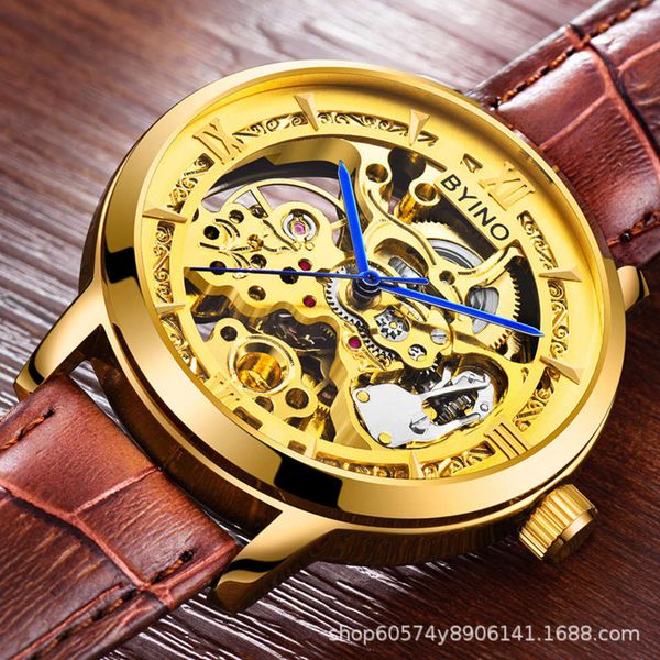 

fully mechanical watch watch men's automatic byino waterproof belt fashion trend double hollow student men's watch, Slivery;brown