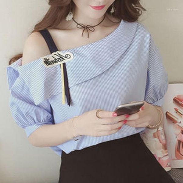 

women's shirts elegant stripe shirt single shoulder short sleeve woman shirt loose fashion casual blouse camisas mujer1, White