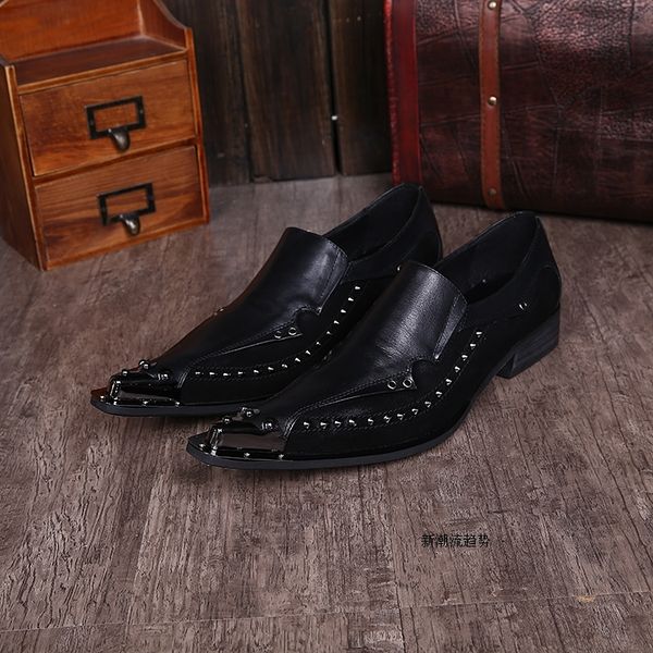

2020 formal man-style genuine foxmetal leather pointed toe rivet moccasins to dress wedding shoes elx9, Black