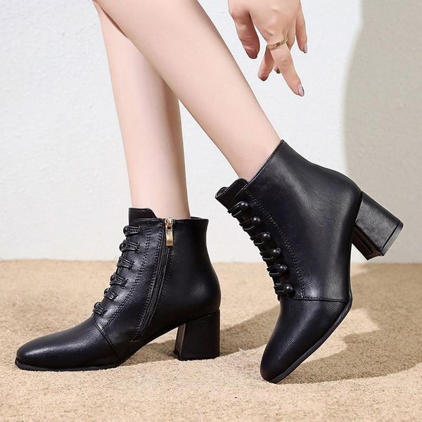 

boots women's retro 2021 winter shoes warm bigh ankle booties black green square high heels cross-tied 35-41 botas mujer 8468g