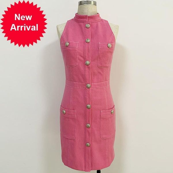 

vintage 2021 new luxury female summer single-breasted lion metal buckle denim sleeveless mini vest pink dress party clothes s23z, Black;gray