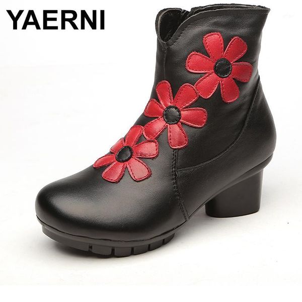 

yaerni 2021 big red flower women boots cow round toes ankle boots high heels handmade shoes vintage genuine leather ladies1, Black