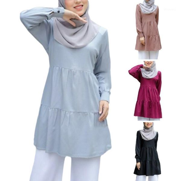 

women muslim long sleeve tunic ruffles hem solid color loose shirt malaysia turkey abaya islamic dubai blouse1, White