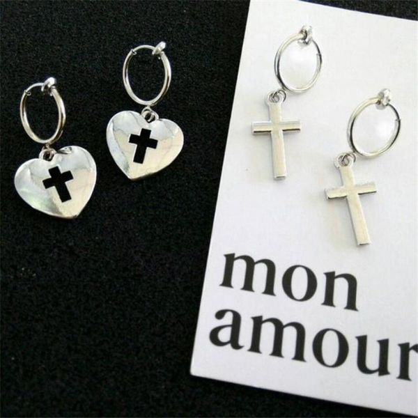 

harajuku vintage punk rock girls hollow cross heart shaped dangle earrings metal geometric drop earring ear jewelry1, Silver