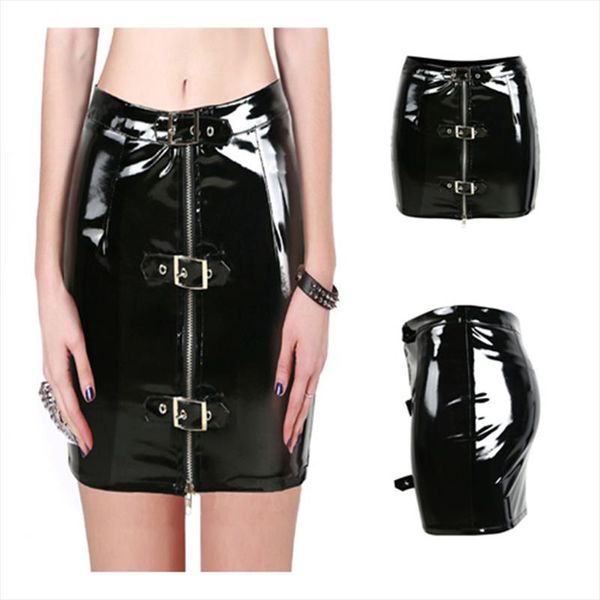 

women button wet look pvc pencil mini skirt vinyl latex zipper shiny bodycon skirt saia jupe femme party club wear leather, Black