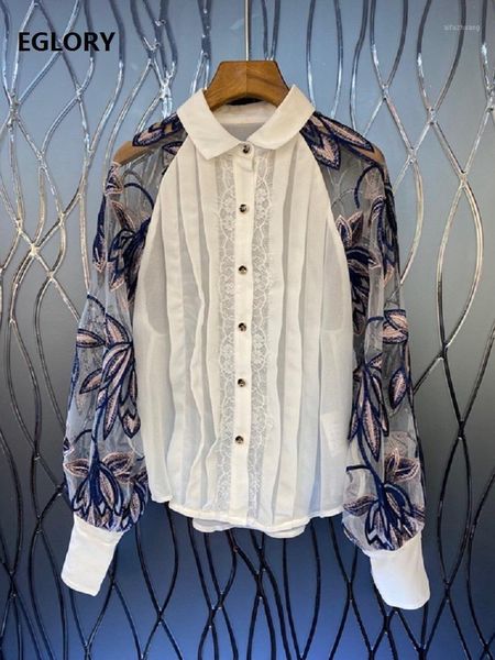 

fashion new designer blouse shirt 2020 autumn winter blouse women turn-down collar tulle mesh lace embroidery blouses1, White