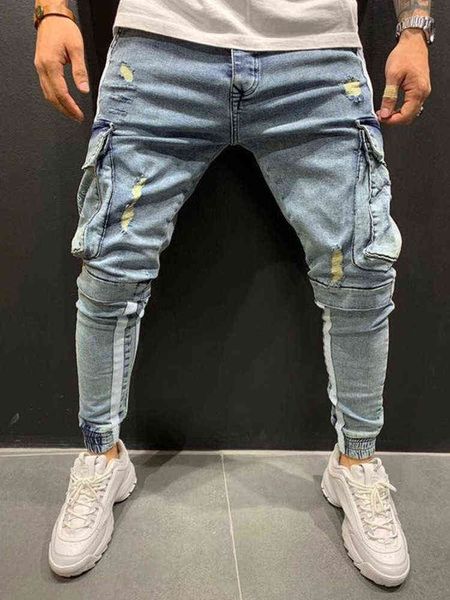 Мужчины растягивающие стройные подходящие карманные джинсы 2021 мода повседневная полоса разрывающееся лоскутное белье бедра спортивные штаны европейский большой размер G0104