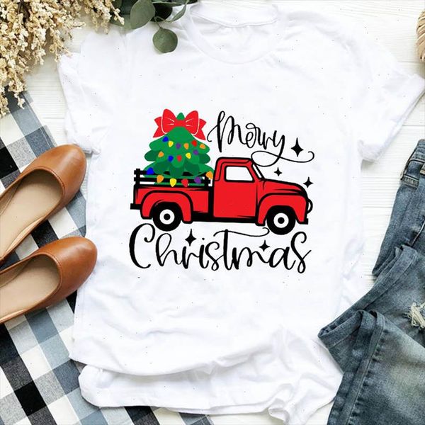 

women lady truck festival tree new year autumn winter merry christmas tshirt female graphic clothes shirt t tee t shirt, White