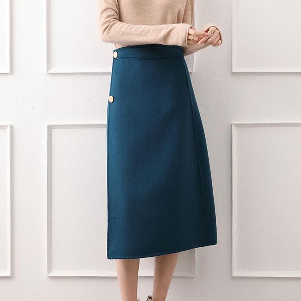 

skirts metal buttons wool a-line skirt knee lenght 2021 100% woolen fabric crisp 4 colors black gray women winter midiskirt
