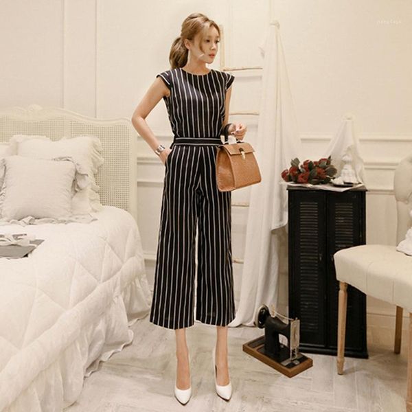 

2 pieces set striped suits sleeveless sash and high waisted wide leg pants fashion summer womens set 20181, White
