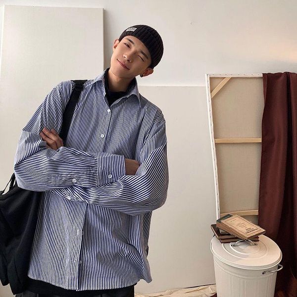 

loose men's stripe blue shirts spring autumn printed casual long sleeve classic base shirt coat male clothes four seasons, White;black