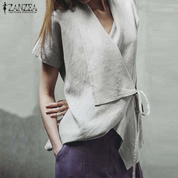 

2019 zanzea women lapel neck asymmetrical blouse summer short sleeve linen casual lace up solid shirt femininas blusas 5xl1, White