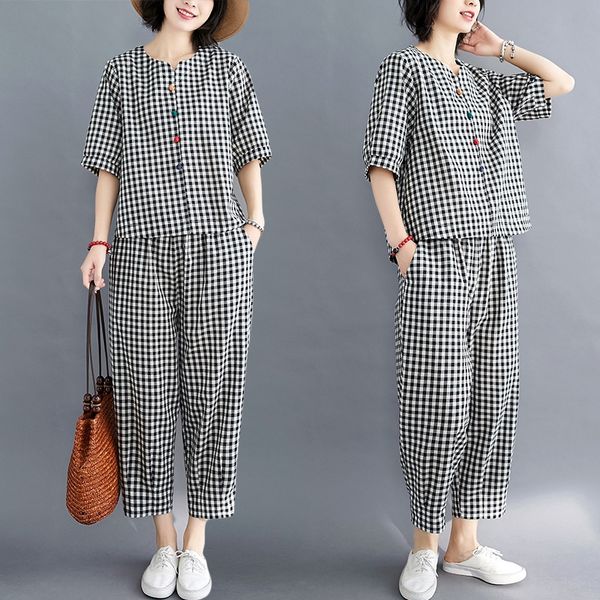 

summer new plaid suit suitblend pants setsuit women's loose large size covered meat cotton linen shirt two piece harlem pants set fat z, Gray