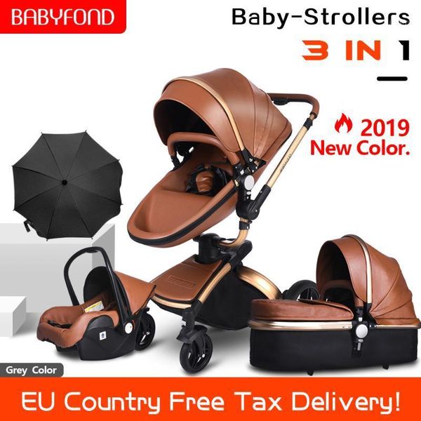 

2020 new set pu leather gold frame white baby stroller 360 degree rotation high landscape 3in1 stroller suv suspension 4 gifts1