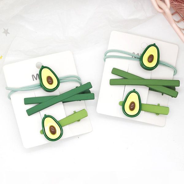 

1-3pcs set cute green avocado hairpin rubber bands headwear set fashion fruit hair clips hair bands women girls hair accessories, Black;brown