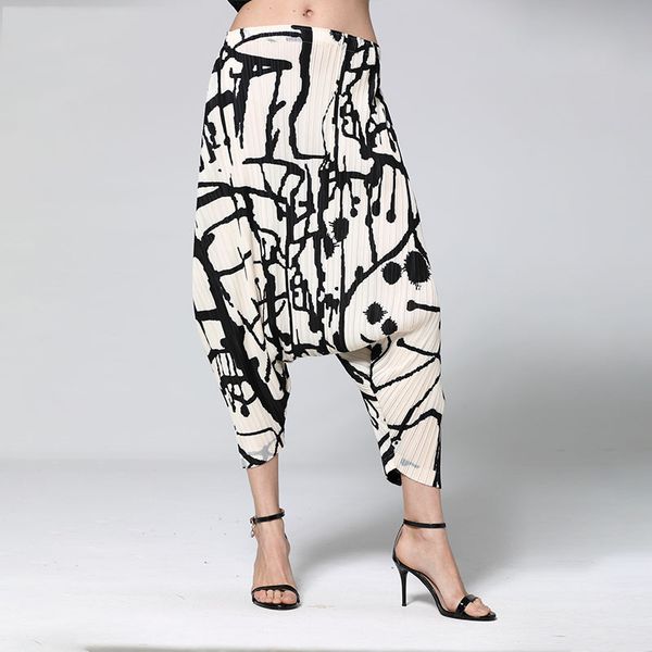 

lanmrem pleated pants 2020 trend new striped elastic high waist fashion printting trousers female harem pants lj201201, Black;white