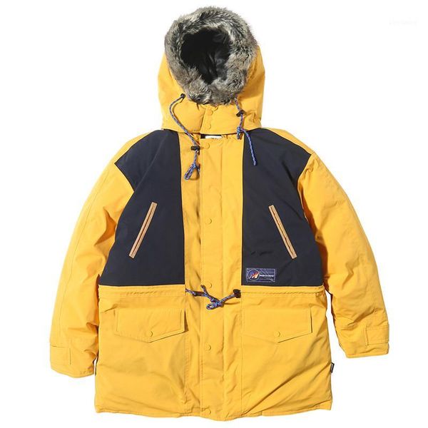 

hip hop patchwork long mens thick parkas winter windbreaker streetwear harajuku padded hooded jacket coats outwear1, Black