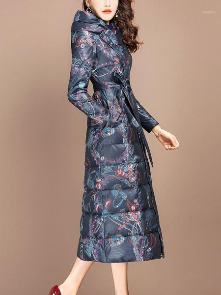

duck winter jacket, women long hooded down coat with print, warm clothing, doudoune femme hiver n84y4984h08 kj38901, Black