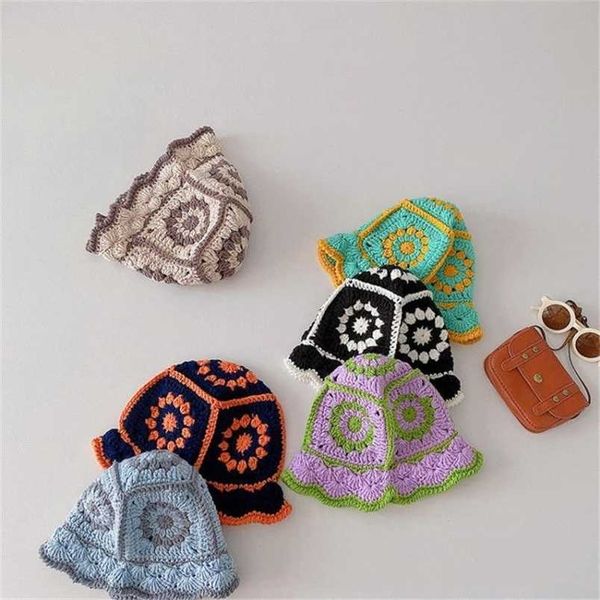 

children retro hat knitting color matching lace fisherman autumn winter girls baby wool basin toddler handmade hook 220105, Yellow