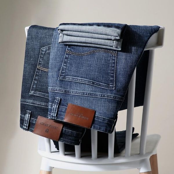 

2020 осень зима бренд одежды новые тонкие прямые джинсы классической моды карман молодежь мужской хлопок случайных брюки серо-голубой, Blue