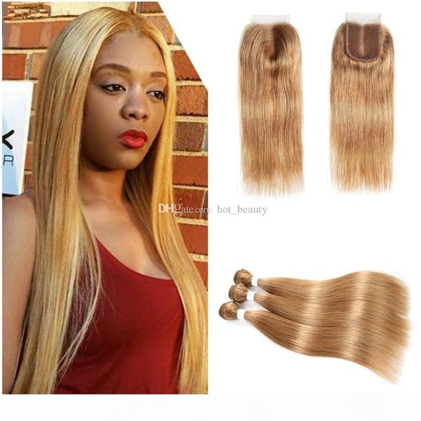 

# 27 honey blonde связка с closure silky straight человеческих волос 3 bundle предложения и кружево закрытие 4x4 перуанский волос девственни, Black