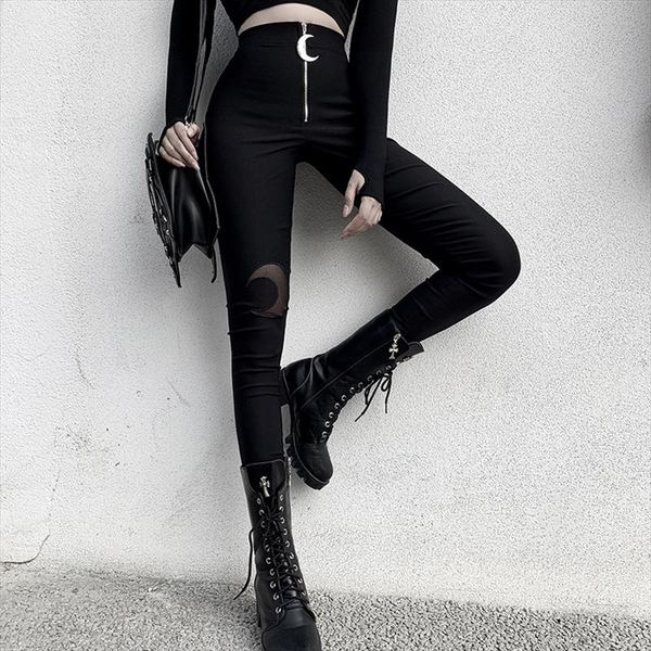 

gothic style black moon print velvet leggings front zipper women high waist velour legging ladies skinny pants push up