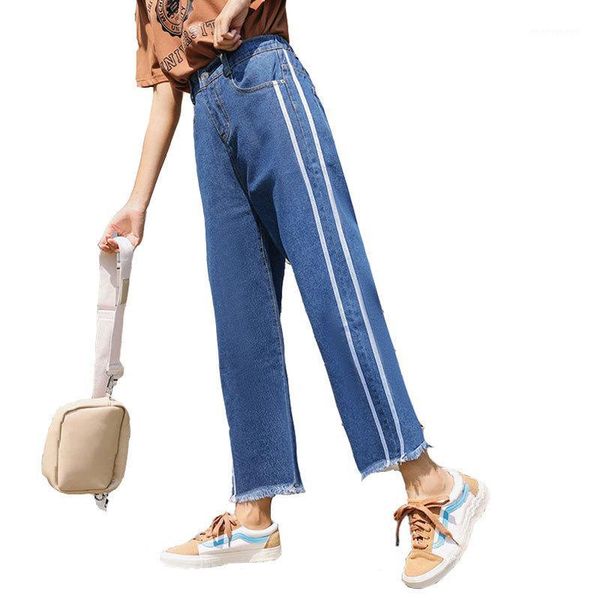 

women's jeans women 2021 side two white strips edges wide leg daddy pants high waist thin bf straight ankle length pants1, Blue