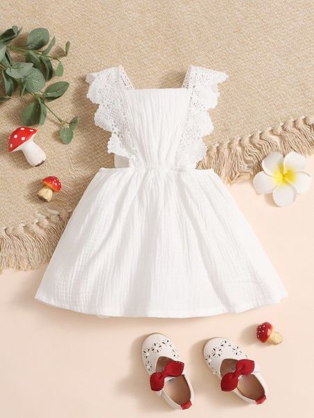 

baby scallop lace trim bow back dress she, Red;yellow