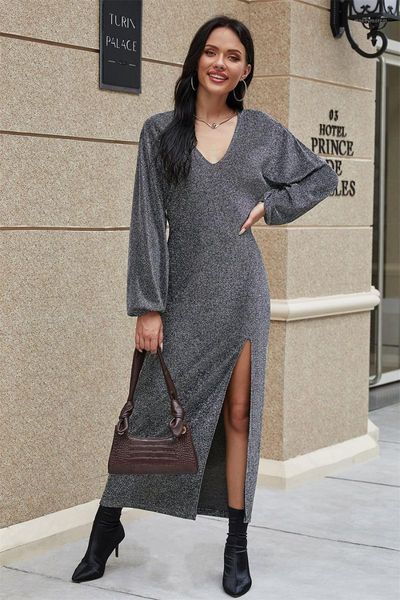 

casual dresses 2021 long sleeve slit maxi dress autumn winter women fashion party elegant outfits bodycon black grey clothing1, Black;gray
