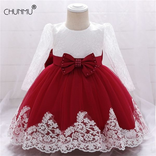 

long sleeve infant baby girl dress lace flower baptism dresses for girls first year birthday party wedding baby clothes lj201221, Red;yellow