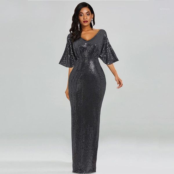 

woman glitter dress for party evening dinner half sleeve plus size 3xl bodycon v neck club elegant ladies sequin long maxi dress1, White;black