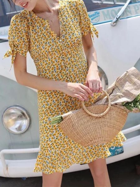 

women's short sleeve dress lace-up single breasted high waist floral printed holiday o-neck yellow female casual dresses1, Black;gray