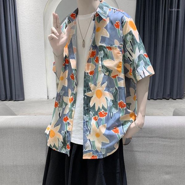 

men's casual shirts summer men floral shirt fashion 2021 short sleeve for front pocket loose streetwear young man blouse homme1, White;black