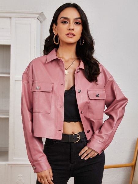 

single breasted flap pocket pu leather jacket d2v4#, Black;brown