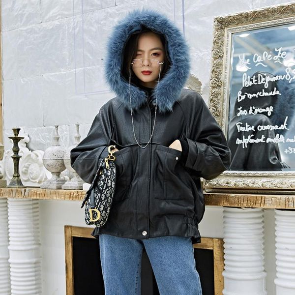 

dbycool winter leather cotton coat women loose cotton padded hooded fur collar pu leather pocket motorcycle jacket parkas 1351211, Black