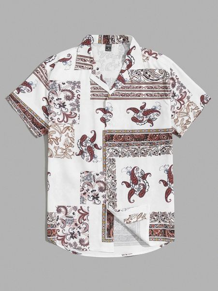 

men paisley print button front shirt s4j0#, White;black