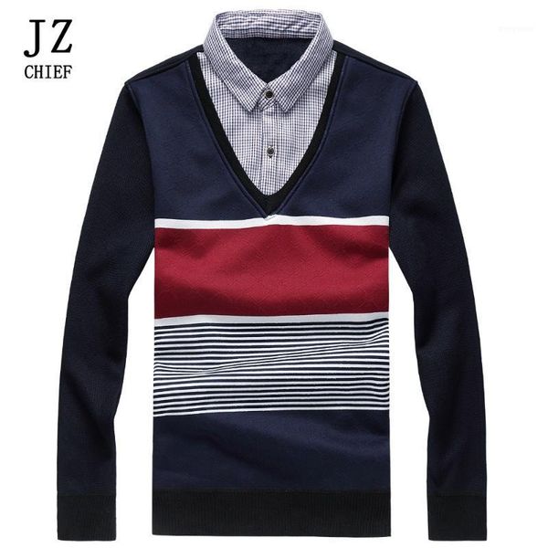 

jz chief fake two piece pollover sweater men striped thick winter knitted sweater slim fit patchwork shirt collar elegant blouse1, White;black