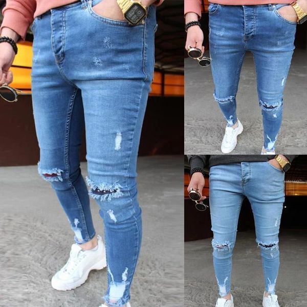 

new mens solid color jeans new fashion slim pencil pants casual hole ripped design streetwear 20201, Blue