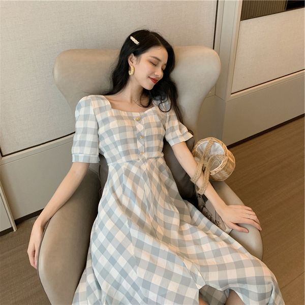 

2021 new women with short sleeves boho from vintage women's plaid sweet summer casual dress plus size 5xl 34xq, Black;gray