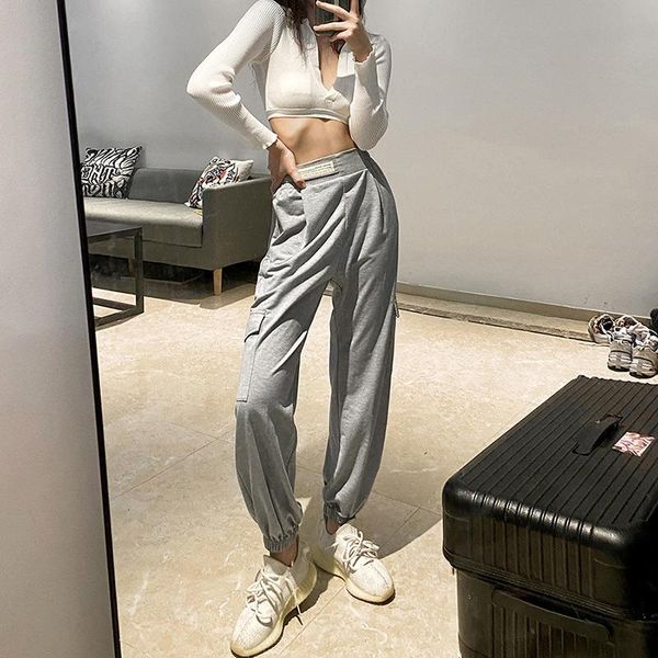 

women casual pants with pocket stitching loose pants female autumn full length streetwear spring polyester gray trousers, Black;white