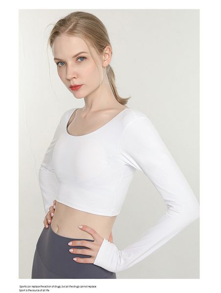 

new arrival good quality fitness lulu yoga suit sports outdoor clothing comfortable women's t-shirt long sleeve with chest pad, White