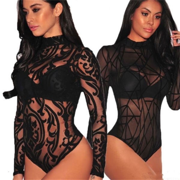 

floral 2020 spring womens black lace sheer mesh bodycon bodysuit long sleeve jumpsuit romper leotard, Black;white