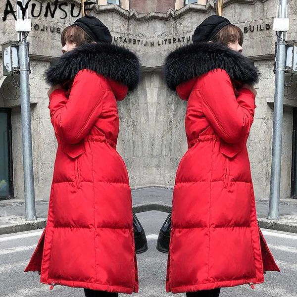 

ayunsue 2020 new winter coat duck down jacket woman hooded raccoon fur collar long womens jackets puffer chaqueta mujer kj2553, Black