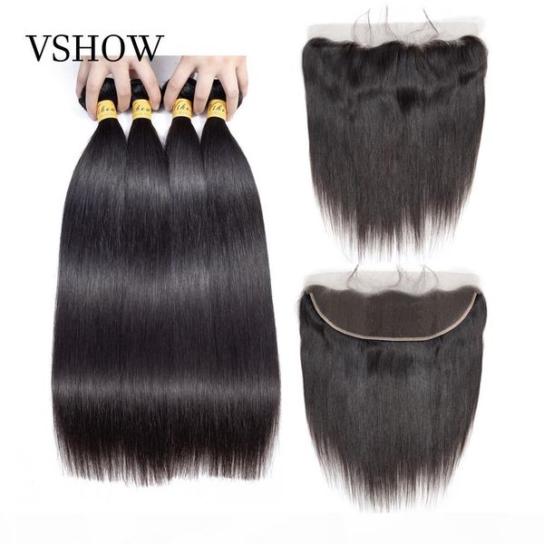 

vshow cambodian straight hair bundles with frontal 13x4 lace closure pre plucked 100% remy human hair weaves with frontal, Black