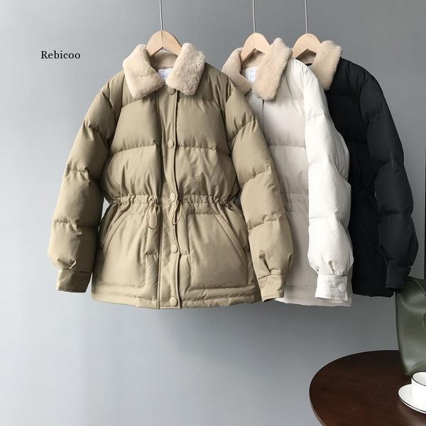 

women's down & parkas winter korean cotton bread coat thick outerwear drawstring waist faux fur lapel warm jackets female, Black