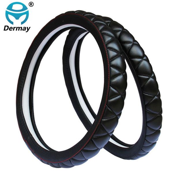 

dermay all black car steering wheel cover rhombic black/red thread comfortable soft faux leather for 37-38cm steering wheel