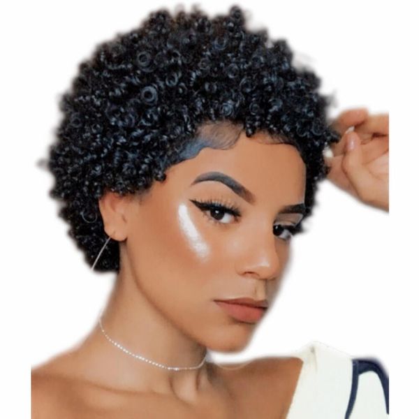 

brazilian curl human hair afro kinky curly short wigs for black women non lace front machine wigs, Black;brown